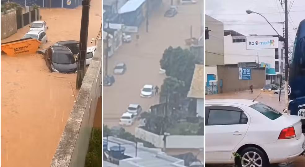 Forte chuva alaga ruas de Itaperuna e arrasta carros e caçamba